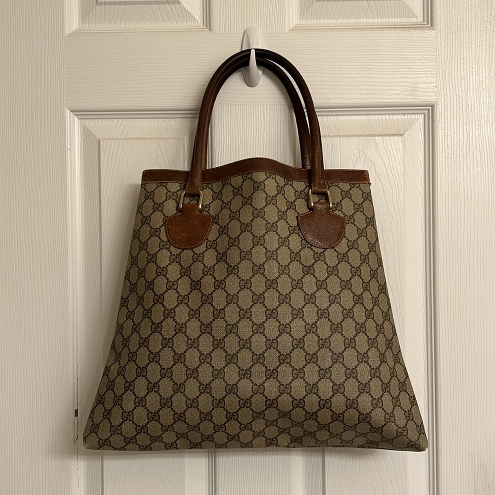 Vintage Gucci Supreme Beige Brown Fabulous Tote Bag Leather Handle Gold Accents - Picture 2 of 16